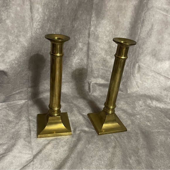 Vintage Solid Brass Candlesticks Set of 2 Square Bottom Taper Holder Heavy - Picture 1 of 6